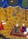 Iran / Persia: The poet Sa'di converses with a young man on a Persian carpet in a garden by night. Miniature from Gulistan Sa'di. Herat, 1427